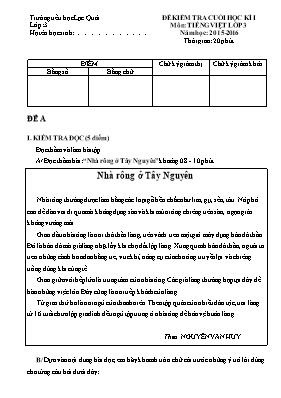 Đề kiểm tra cuối học kỳ 1 môn Tiếng Việt Lớp 3 - Năm học 2015-2016 - Trường TH An Thuận